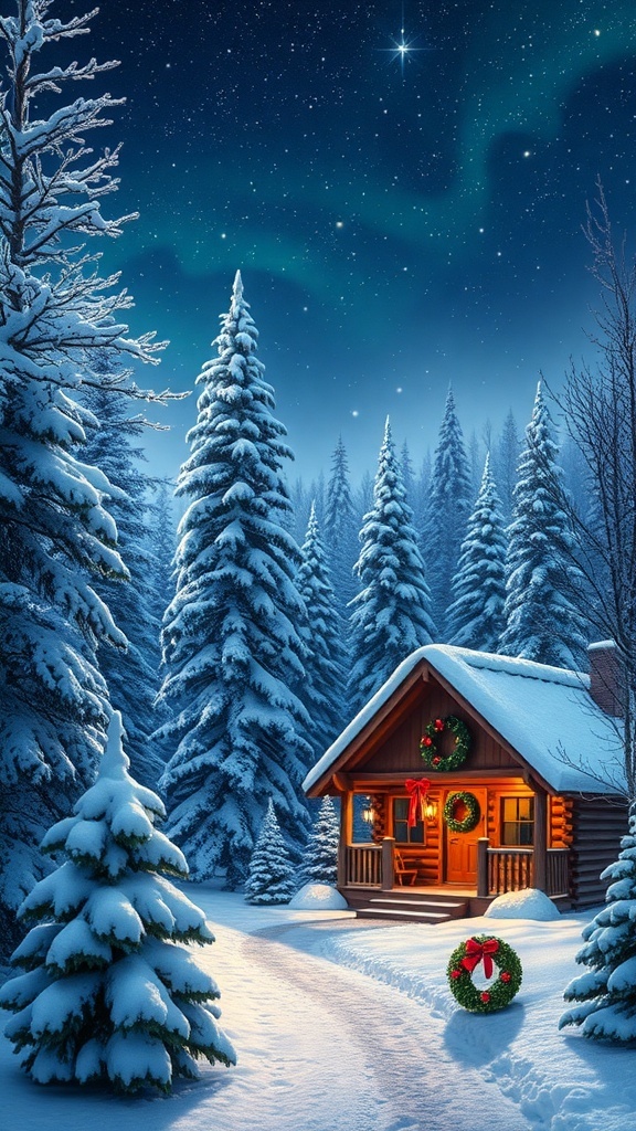 A charming Christmas background with a snowy landscape, cozy cabin, and holiday decorations.
